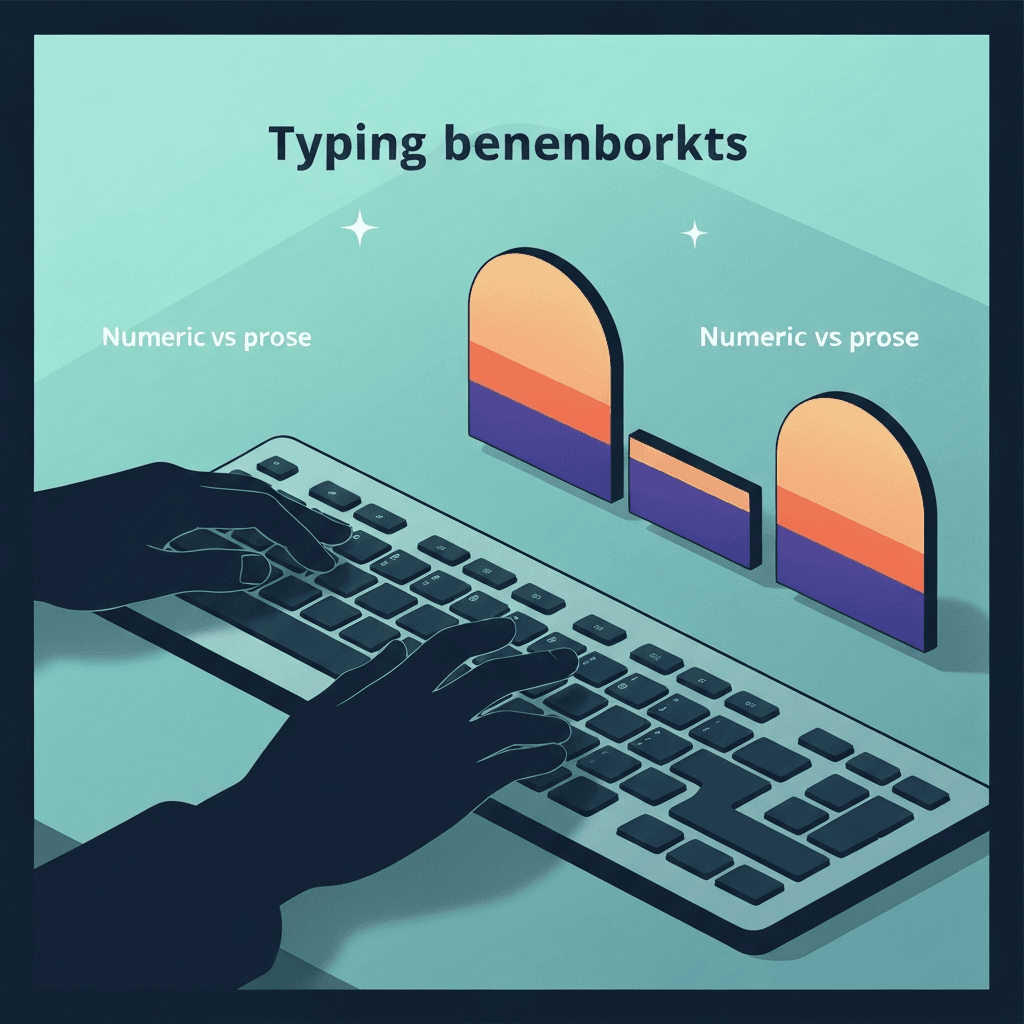 Illustration. Data Entry Numeric WPM vs English Prose: When Benchmarks Split — Typing benchmarks — Type Faster