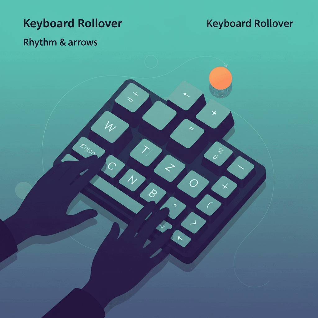 Illustration. Rhythm Games and Keyboard Rollover: When Overlap Beats Raw Speed — Keyboard Rollover — Type Faster