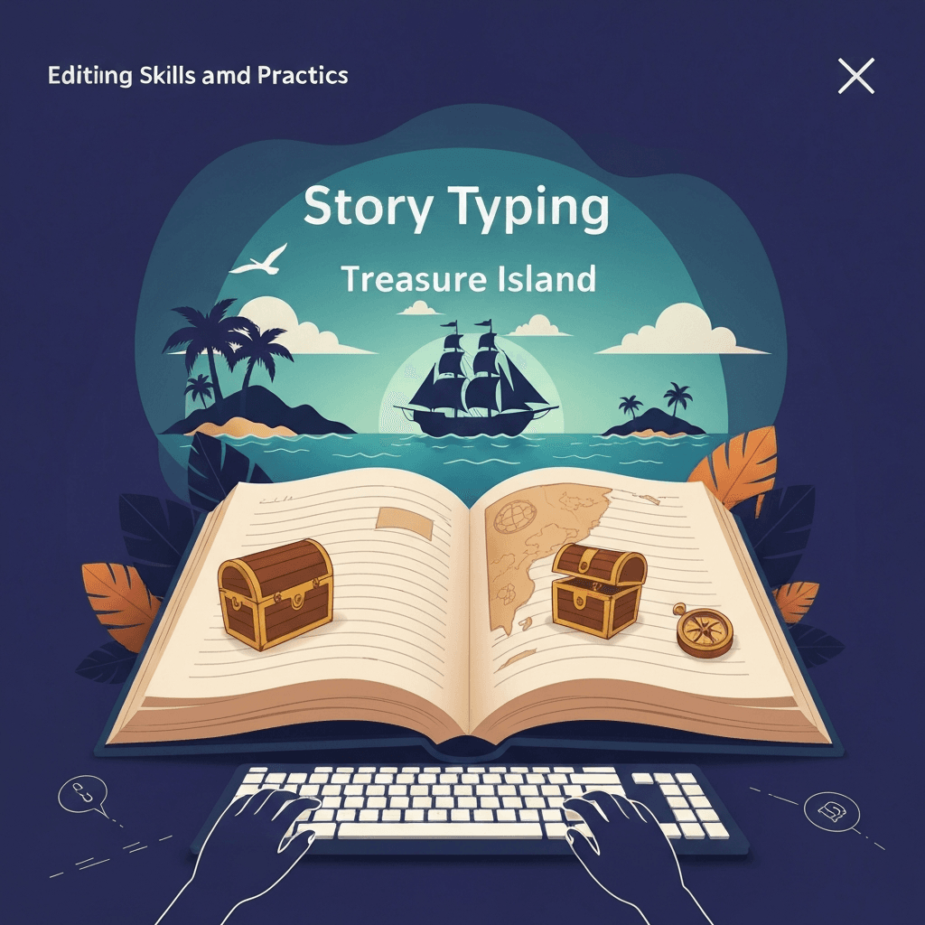 Illustration. Typing Treasure Island by Chapter: How Story Library Book Mode Works — Story typing — Type Faster