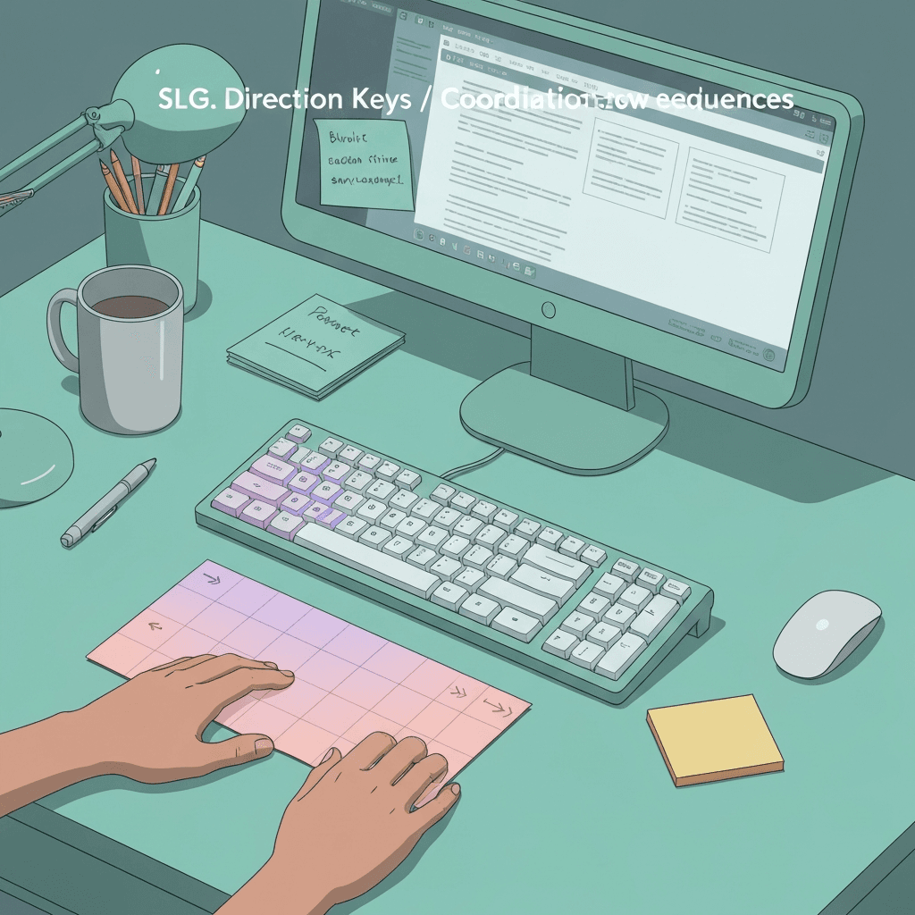 Forest-green notebook beside keyboard with abstract gate-score log markers, no readable text