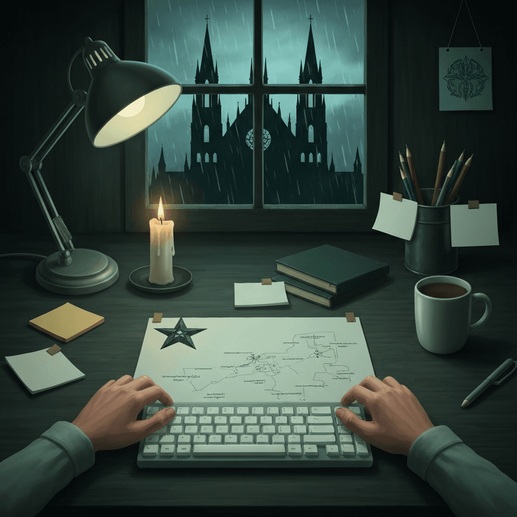 Editorial desk scene themed for Diablo lore typing practice with abstract props and no readable text
