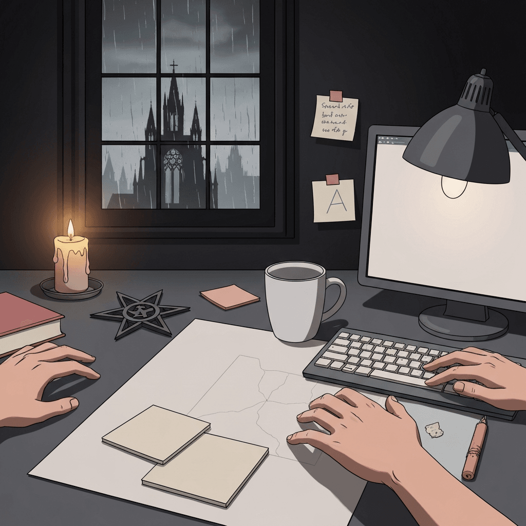 Editorial desk scene themed for Diablo II: Lord of Destruction lore typing practice with abstract props and no readable text