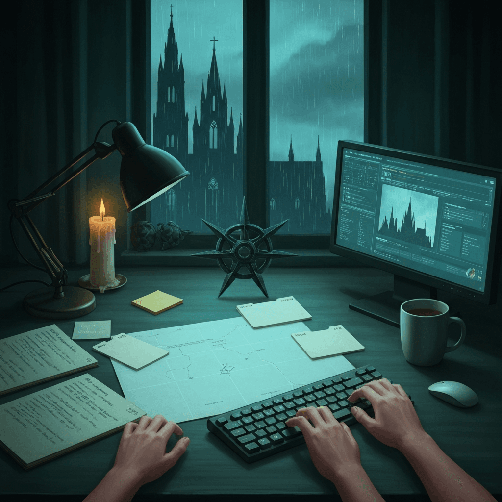 Editorial desk scene themed for Diablo II Resurrected: Reign of the Warlock lore typing practice with abstract props and no readable text