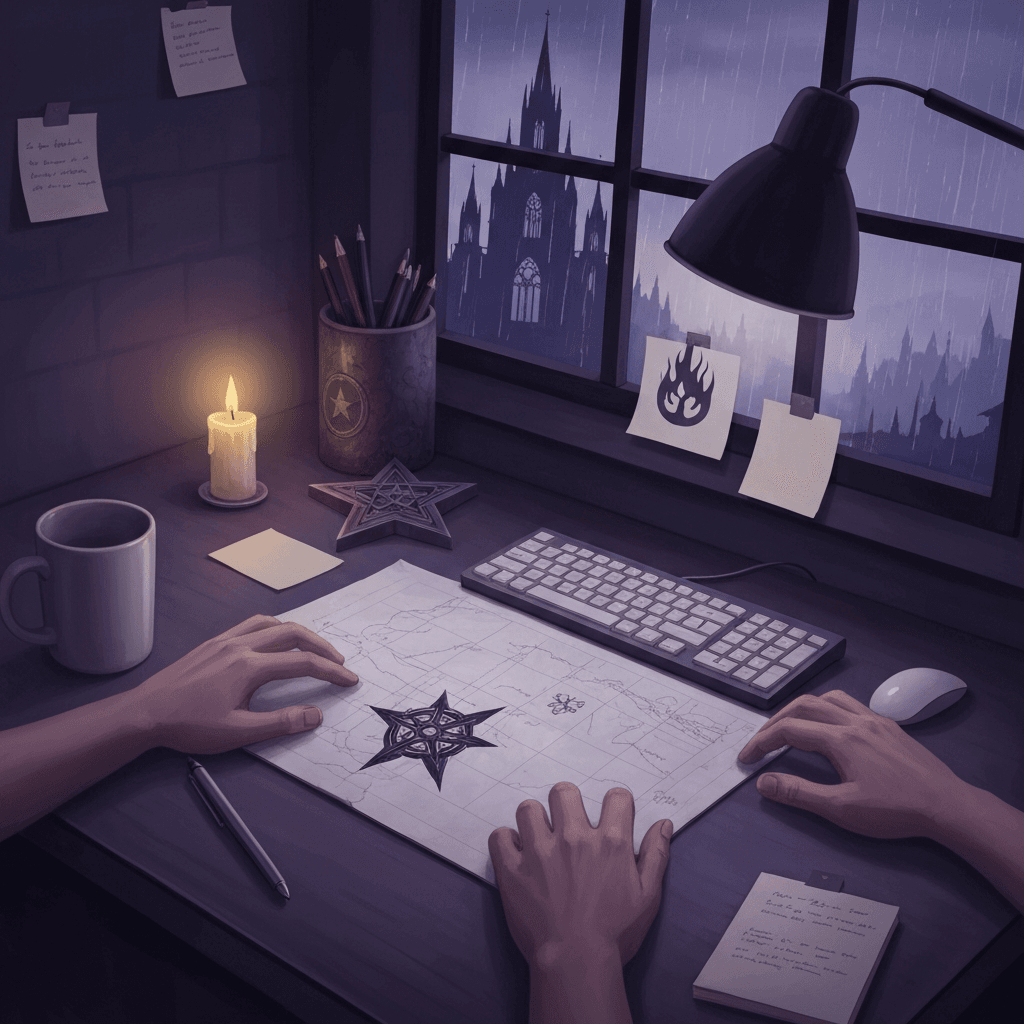 Editorial desk scene themed for Diablo II: Resurrected lore typing practice with abstract props and no readable text