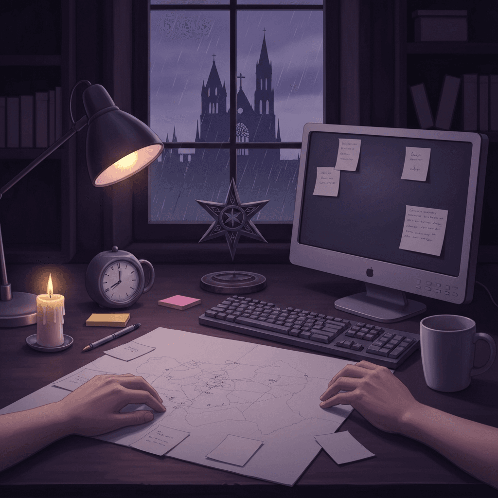 Editorial desk scene themed for Diablo II lore typing practice with abstract props and no readable text