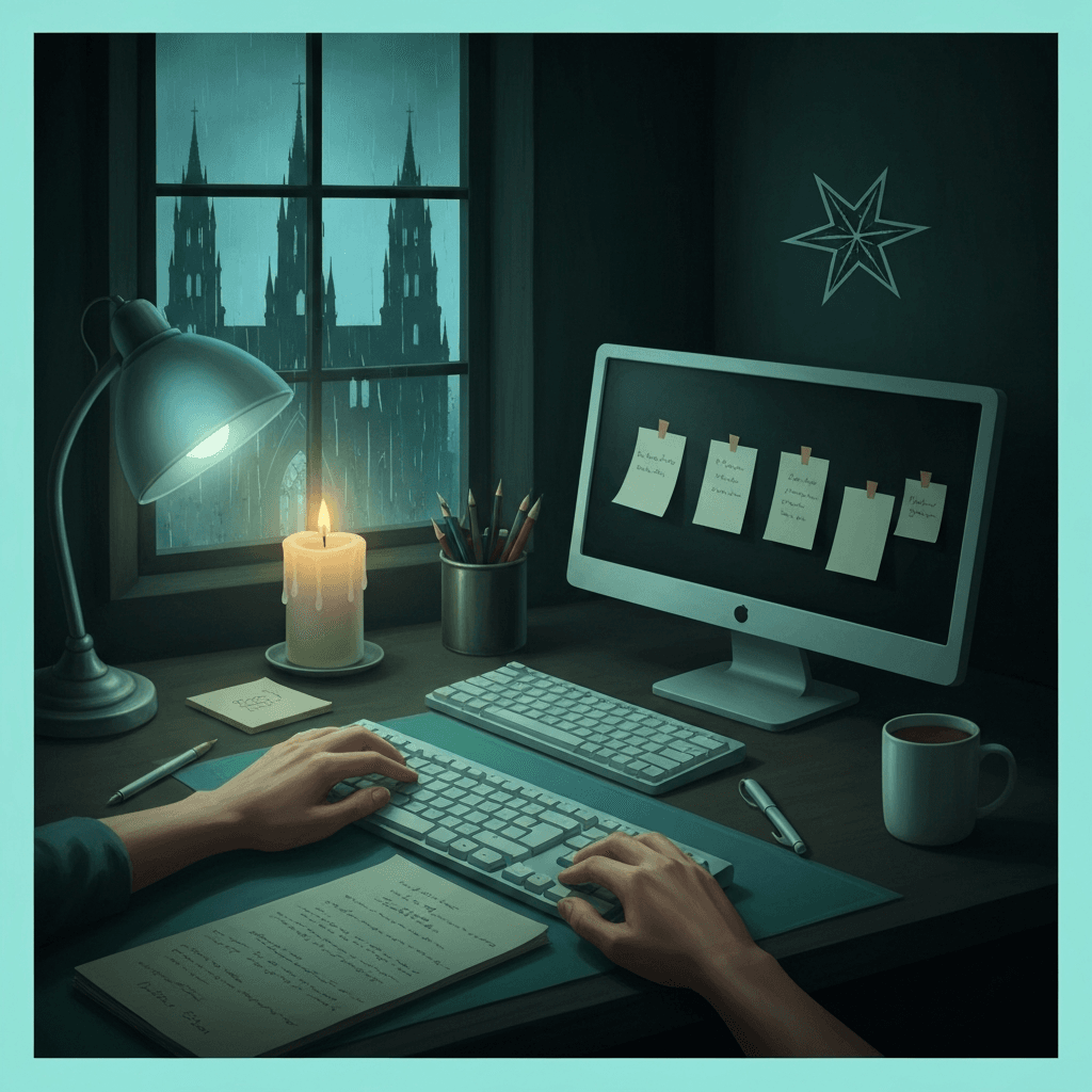 Editorial desk scene themed for Diablo III: Reaper of Souls lore typing practice with abstract props and no readable text
