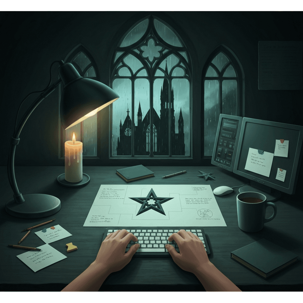 Editorial desk scene themed for Diablo III: Rise of the Necromancer lore typing practice with abstract props and no readable text
