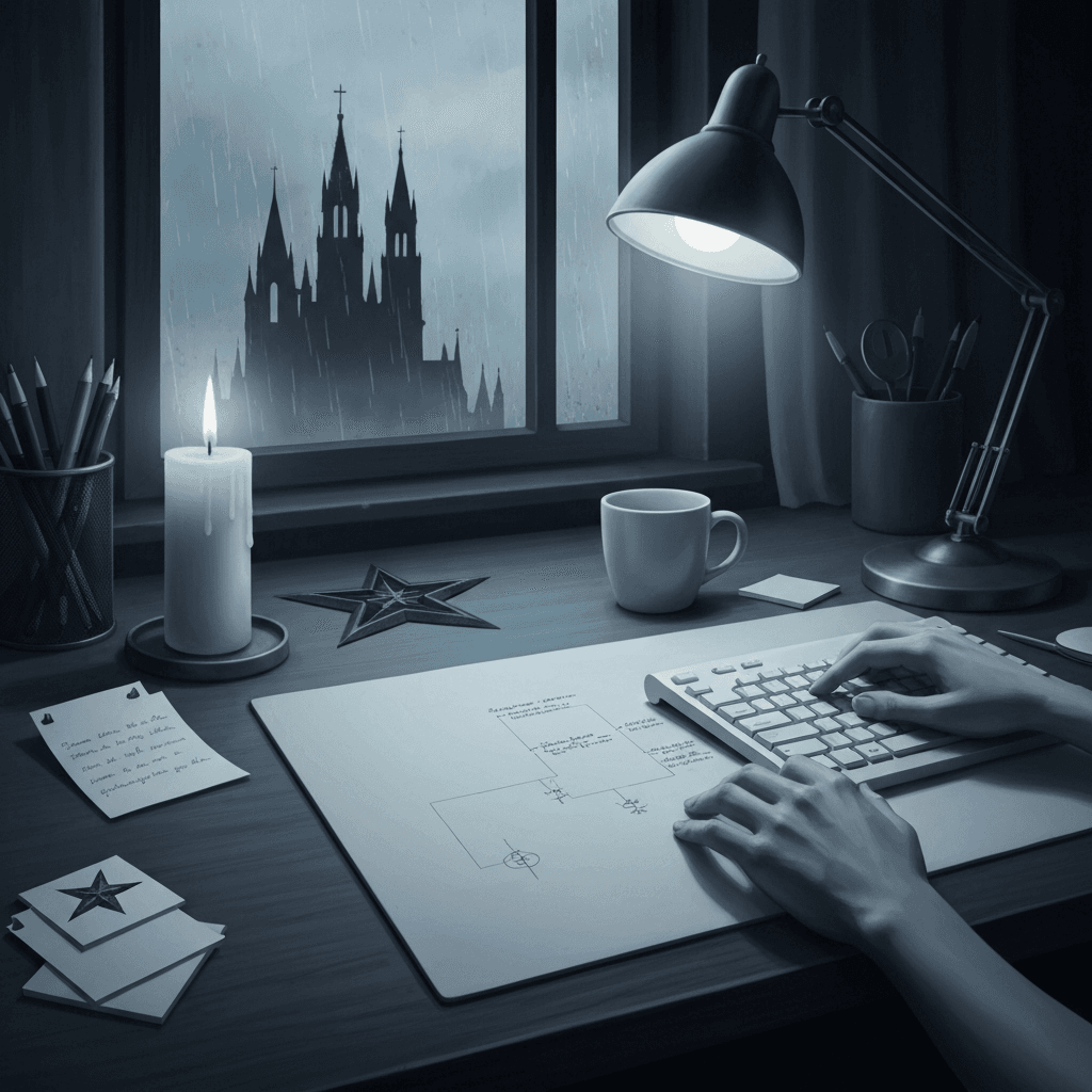 Editorial desk scene themed for Diablo III lore typing practice with abstract props and no readable text