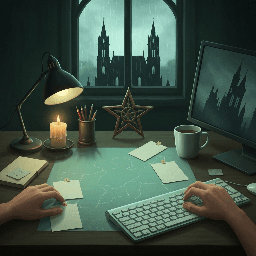 Editorial desk scene themed for Diablo IV: Lord of Hatred lore typing practice with abstract props and no readable text