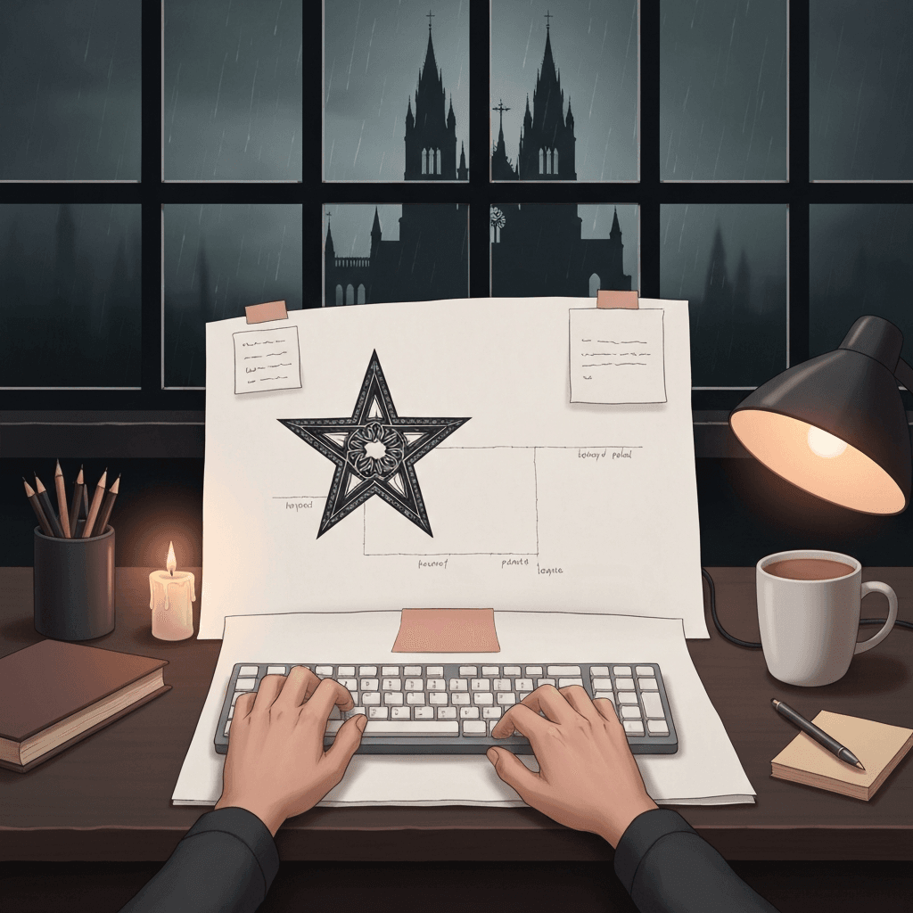 Editorial desk scene themed for Diablo IV lore typing practice with abstract props and no readable text