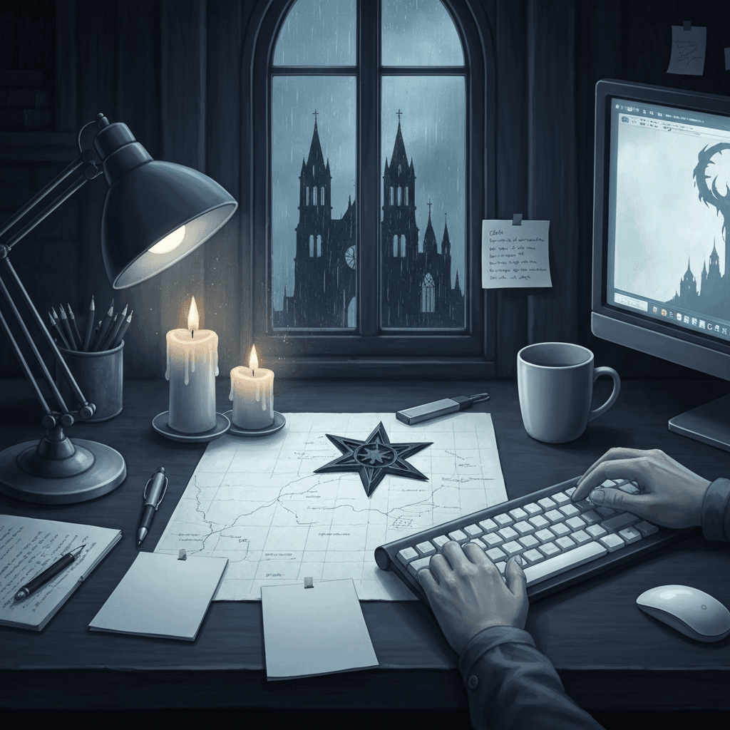 Editorial desk scene themed for Diablo IV: Vessel of Hatred lore typing practice with abstract props and no readable text