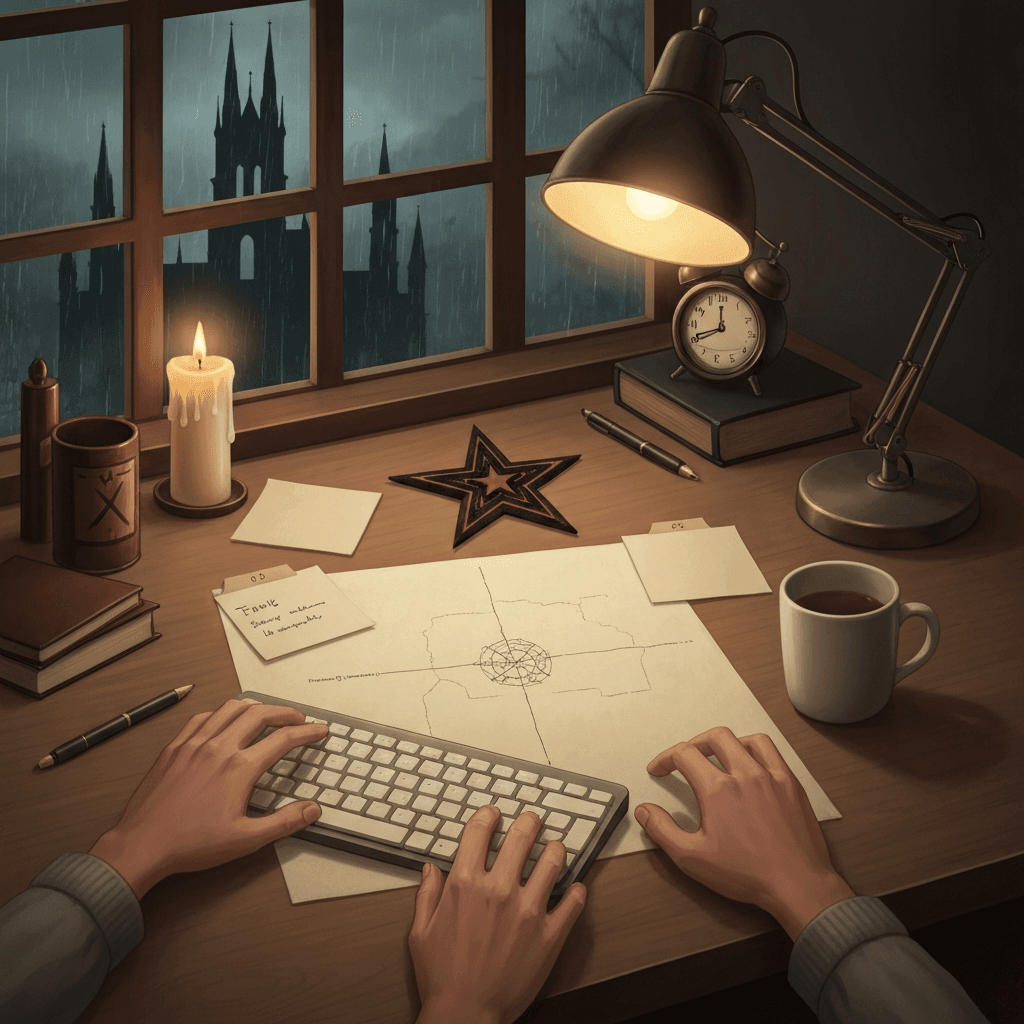 Editorial desk scene themed for Diablo: Hellfire lore typing practice with abstract props and no readable text