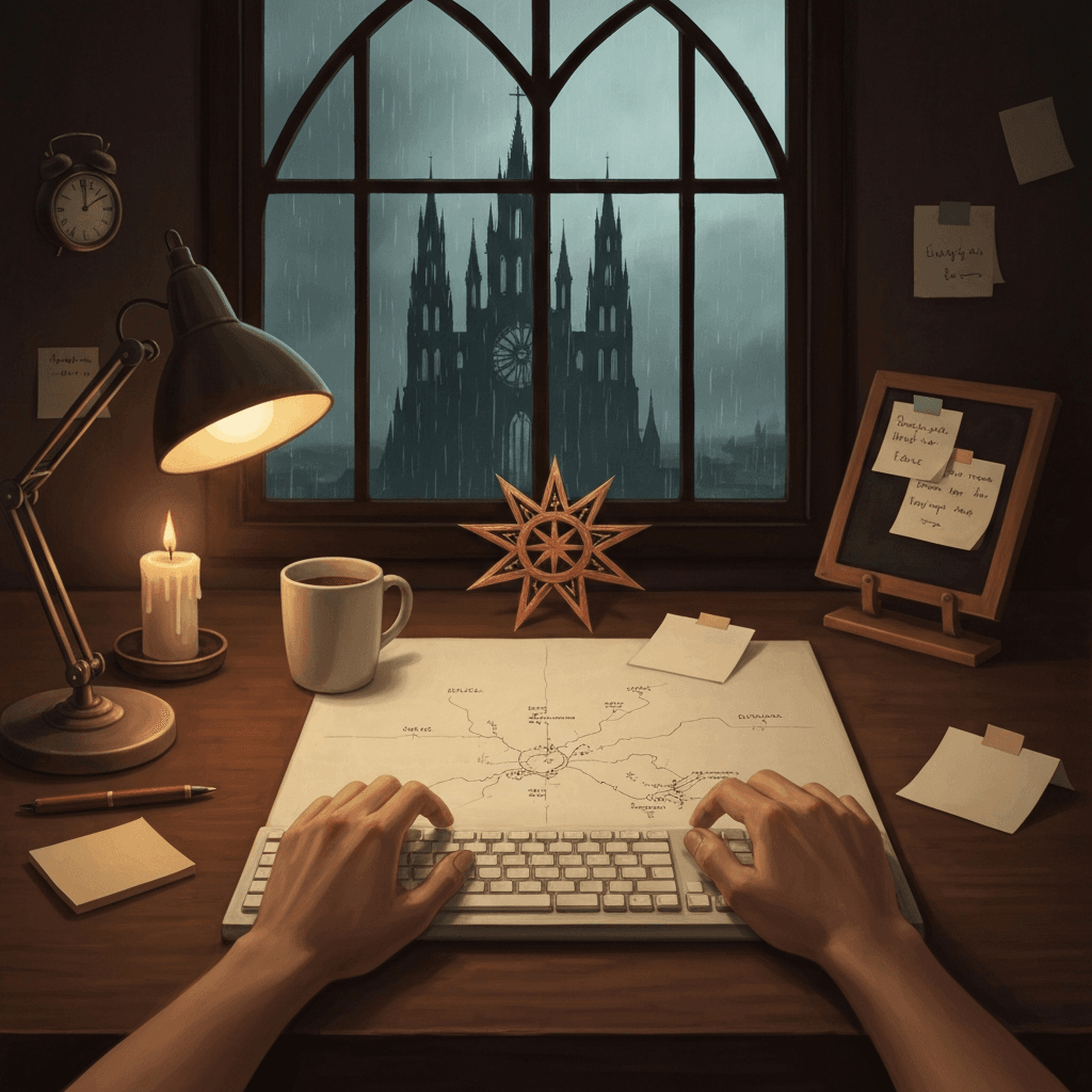 Editorial desk scene themed for Diablo Immortal lore typing practice with abstract props and no readable text