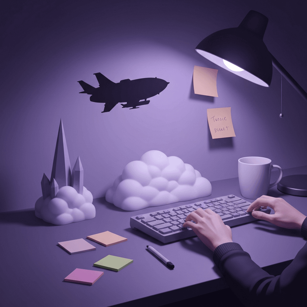 Editorial desk scene themed for Final Fantasy lore typing practice with abstract props and no readable text