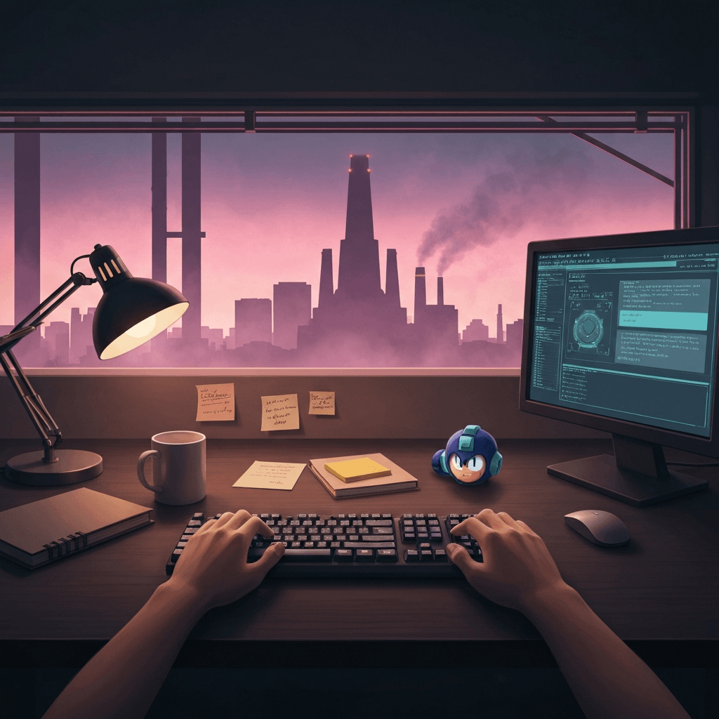 Atmospheric capstone scene for Mega Man five-minute finale drills with no readable text