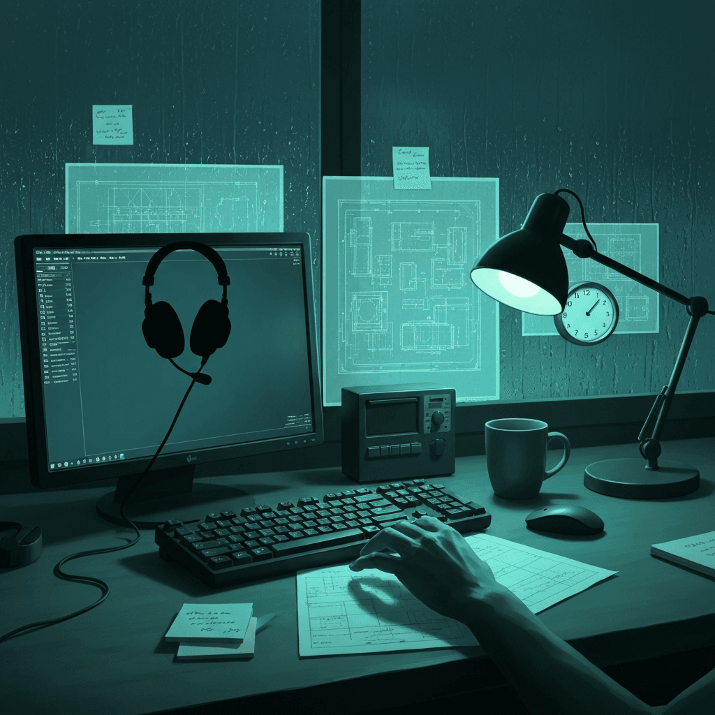 Editorial desk scene themed for Metal Gear lore typing practice with abstract props and no readable text