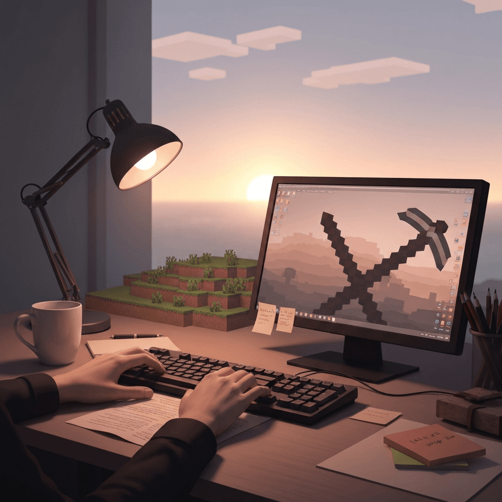 Atmospheric capstone scene for Minecraft five-minute finale drills with no readable text