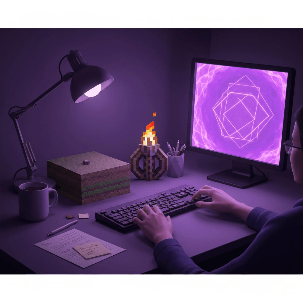 Editorial desk scene themed for Minecraft lore typing practice with abstract props and no readable text