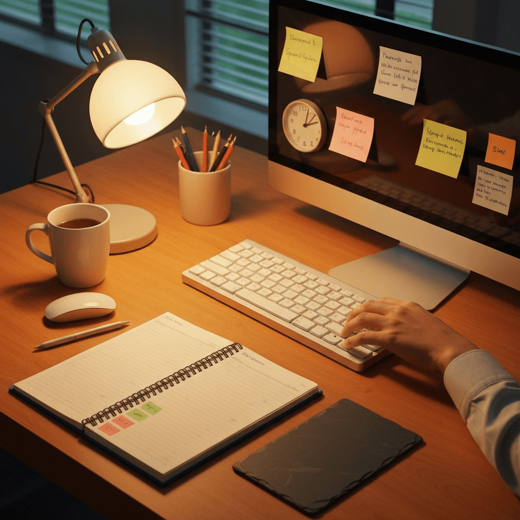 Gray notebook beside a keyboard with abstract accuracy-gate markers for pace decisions, no readable text