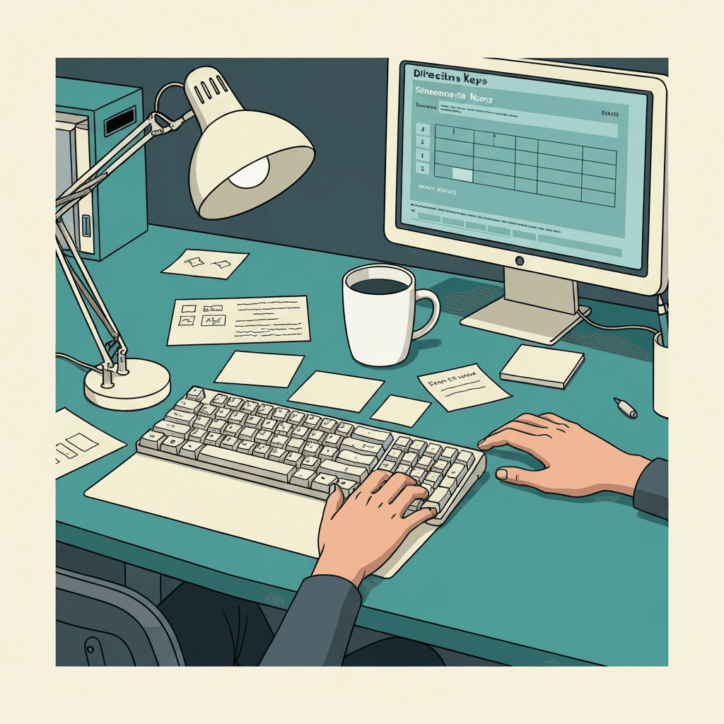 Violet desk with keyboard and abstract pace-versus-accuracy balance props without readable text