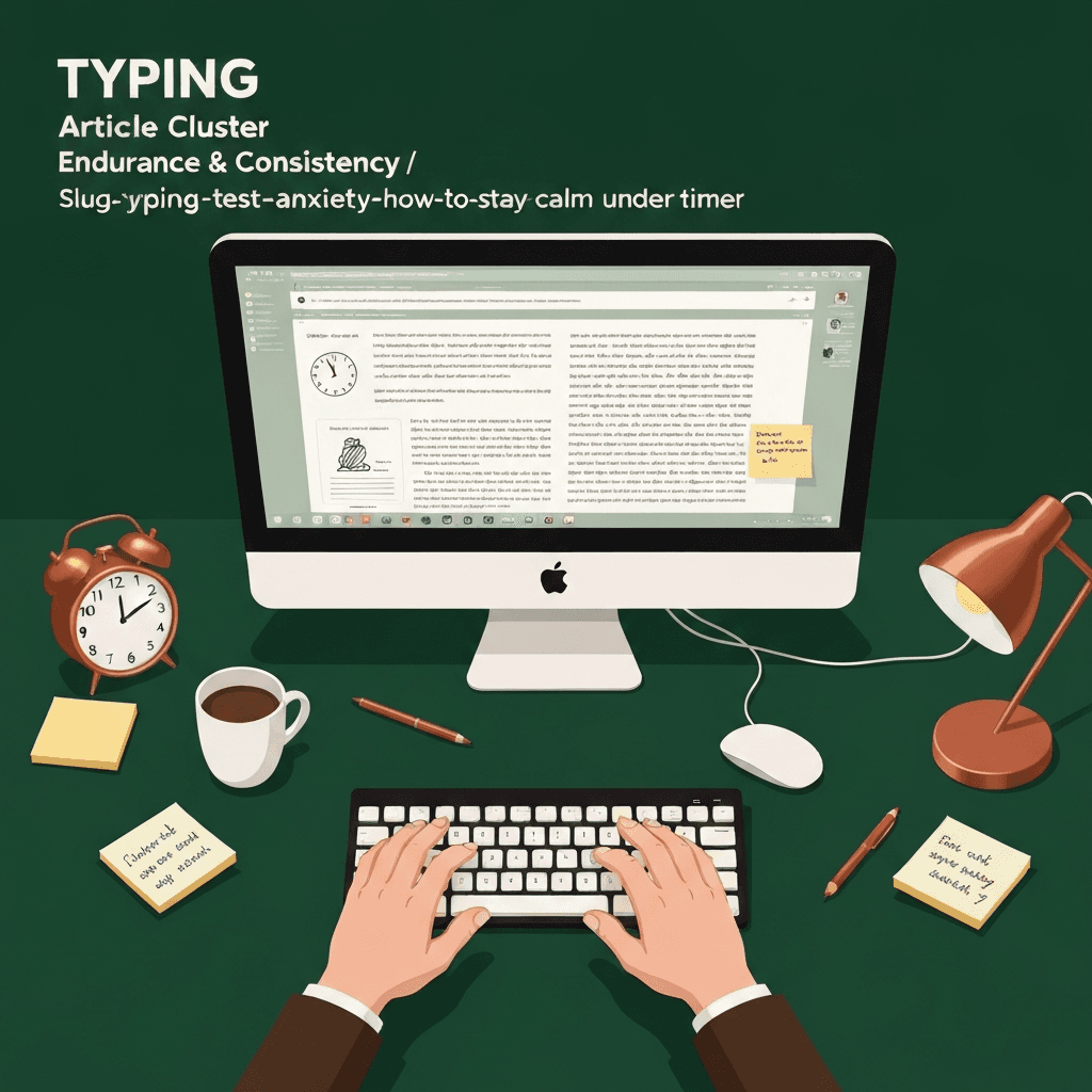 Blush-toned desk with keyboard and abstract timer-calm props, no readable digits
