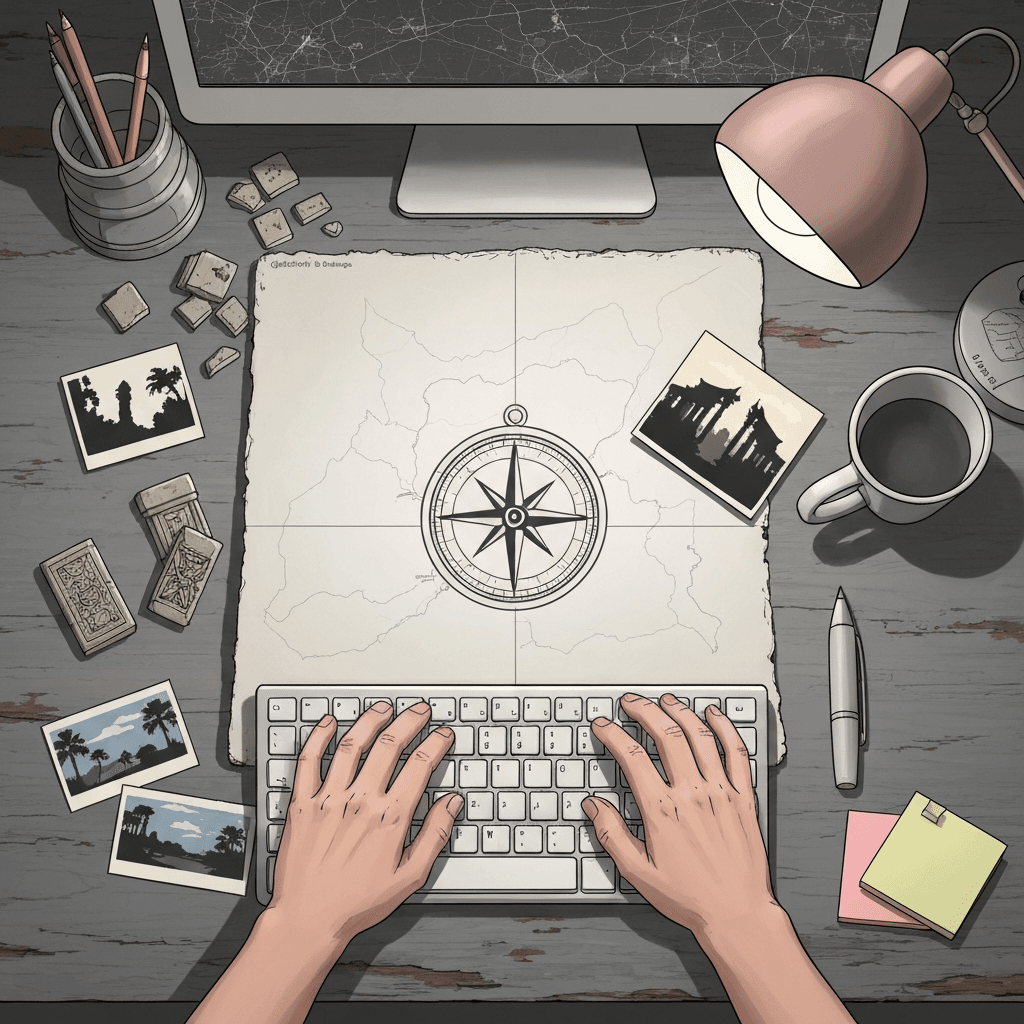 Editorial desk scene themed for Breath of the Wild lore typing practice with abstract props and no readable text