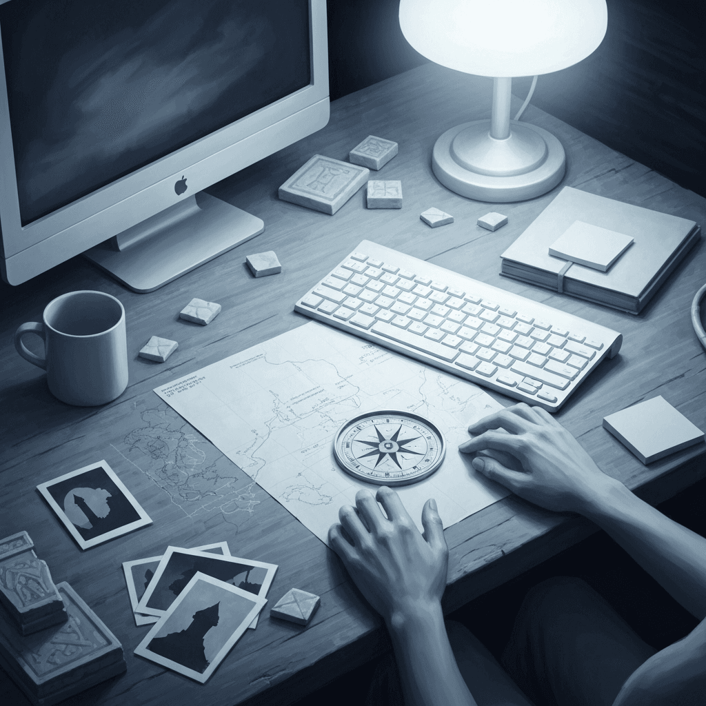 Editorial desk scene themed for Tears of the Kingdom lore typing practice with abstract props and no readable text