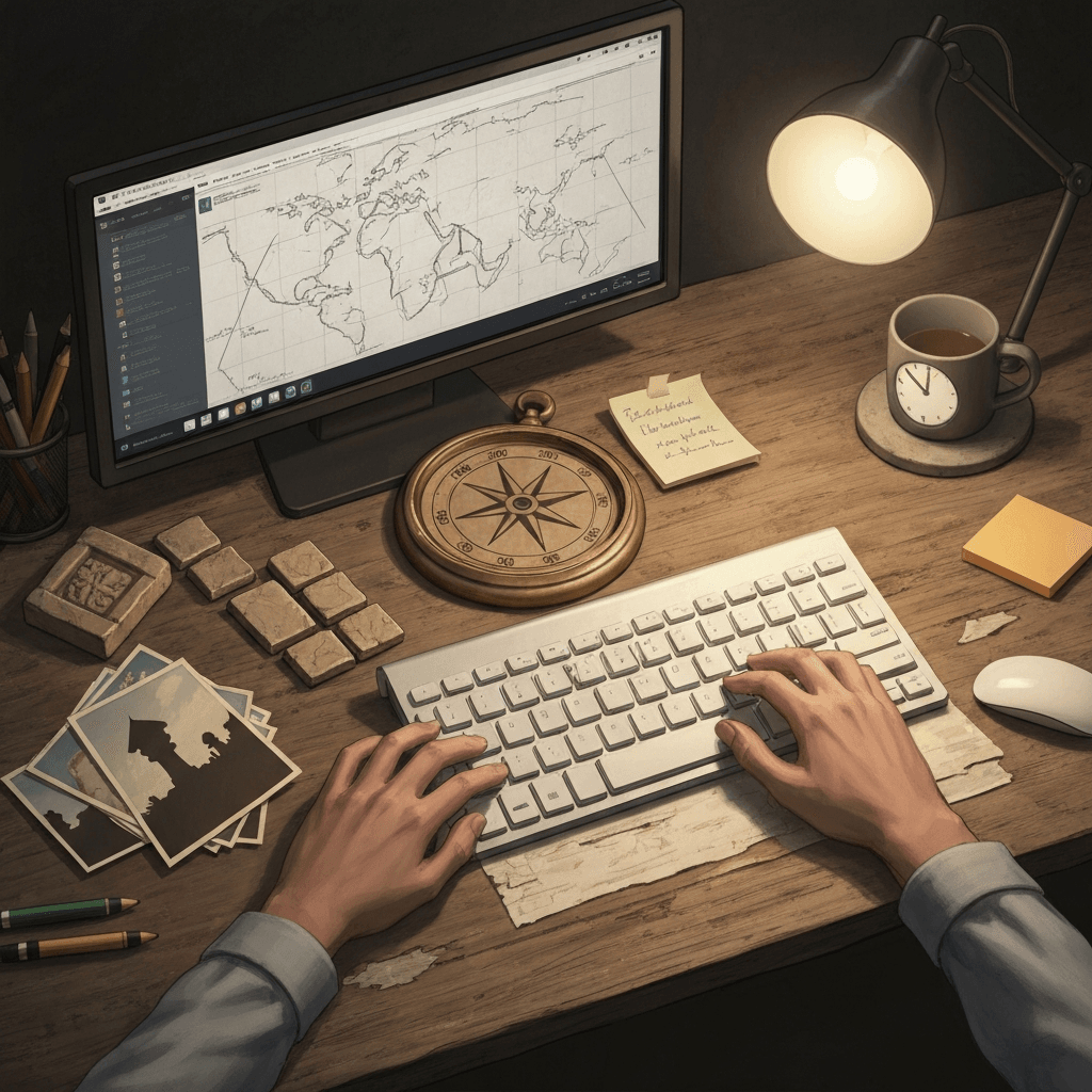 Editorial desk scene themed for The Legend of Zelda lore typing practice with abstract props and no readable text